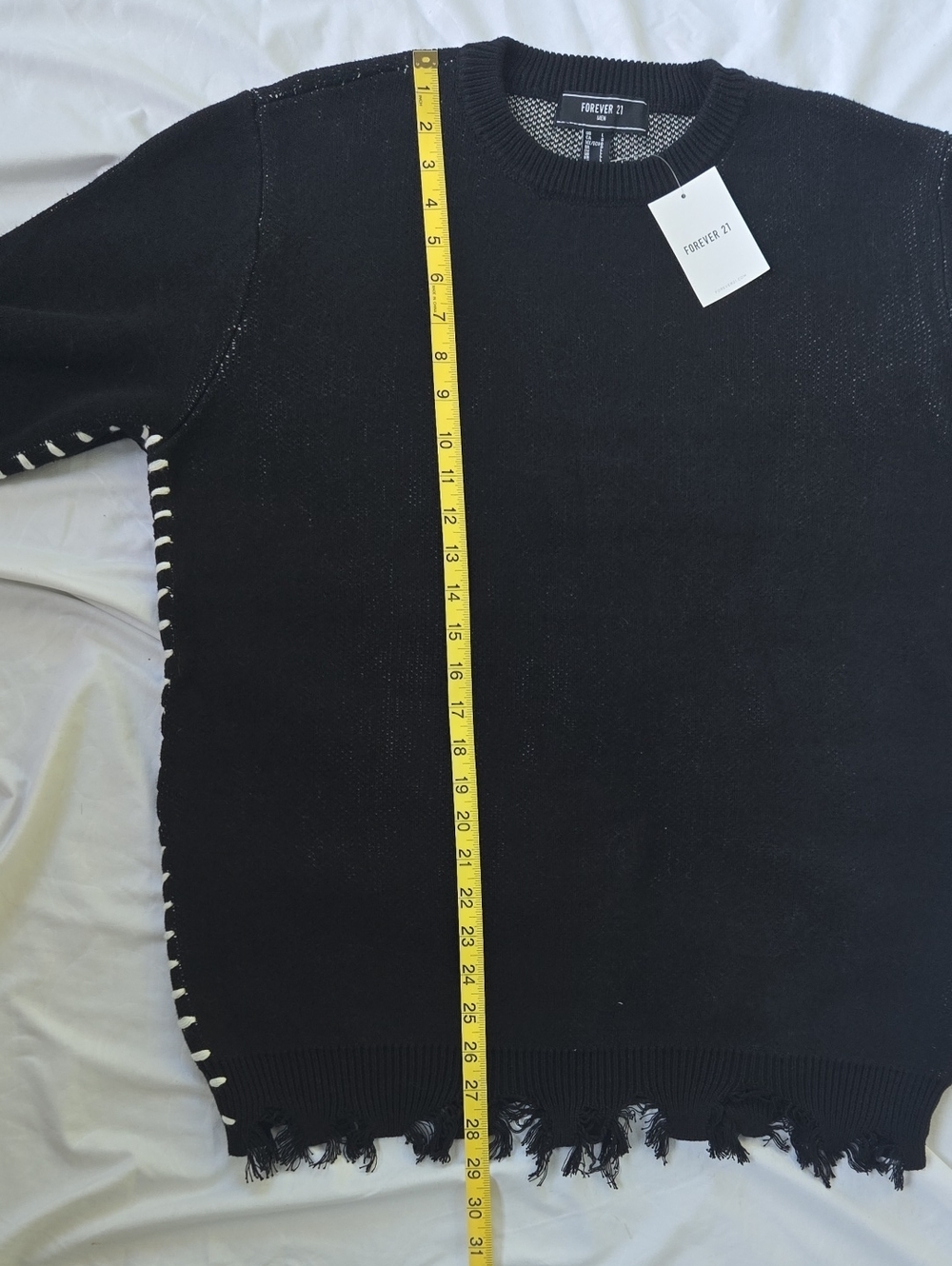Mens Boho Black Sweater, White Stitching, Fringe OnBottom Of Sleeves & Sweater - Picture 3 of 14